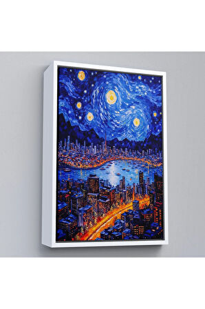 Ahşap Çerçeveli Vincent Van Gogh Tarzı New York Manzara Tablosu-7700
