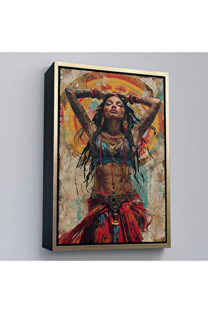 Ahşap Çerçeveli Sürreal Dövmeli Hippi Kadın Tablo-7711