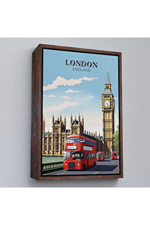 Ahşap Çerçeveli Londra Şehir Manzarası Ve Kırmızı Otobüs Tablosu-7712