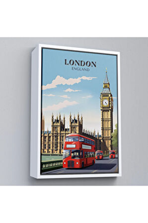 Ahşap Çerçeveli Londra Şehir Manzarası Ve Kırmızı Otobüs Tablosu-7712
