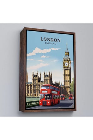 Ahşap Çerçeveli Londra Şehir Manzarası Ve Kırmızı Otobüs Tablosu-7712