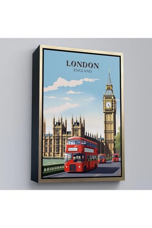 Ahşap Çerçeveli Londra Şehir Manzarası Ve Kırmızı Otobüs Tablosu-7712