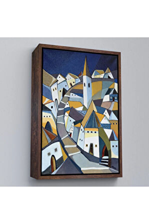 Ahşap Çerçeveli Sıkışık Mavi Evler Tablosu-7718