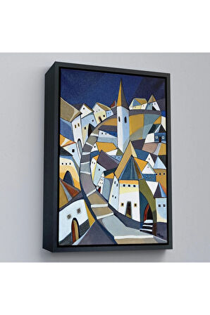 Ahşap Çerçeveli Sıkışık Mavi Evler Tablosu-7718
