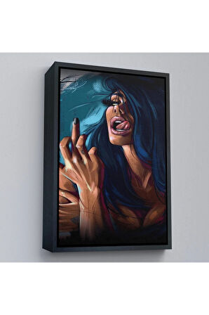 Ahşap Çerçeveli Parmak İşareti Yapan  Kadın Tablo-7725