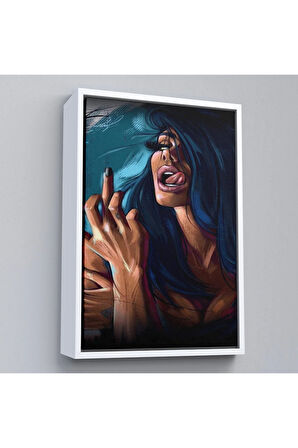 Ahşap Çerçeveli Parmak İşareti Yapan  Kadın Tablo-7725