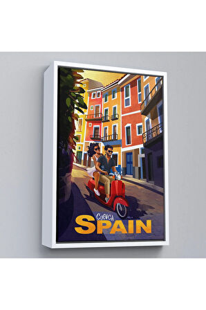 Ahşap Çerçeveli İspanya Cvenca Sokaklarında Motorlu Aşıklar Tablosu-7726