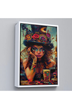Ahşap Çerçeveli Sürreal Dövmeli Hippi Kadın Tablo-7727