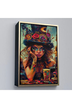 Ahşap Çerçeveli Sürreal Dövmeli Hippi Kadın Tablo-7727