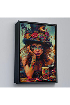 Ahşap Çerçeveli Sürreal Dövmeli Hippi Kadın Tablo-7727