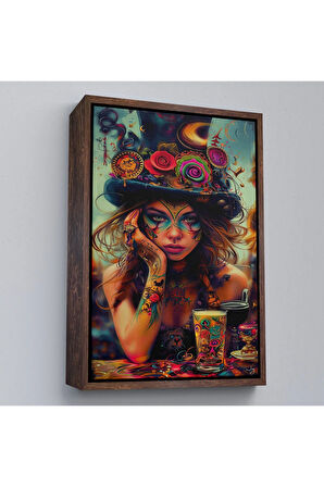 Ahşap Çerçeveli Sürreal Dövmeli Hippi Kadın Tablo-7727