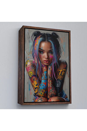 Ahşap Çerçeveli Sürreal Dövmeli Hippi Kadın Tablo-7733