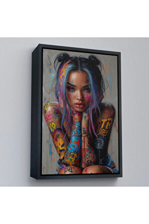 Ahşap Çerçeveli Sürreal Dövmeli Hippi Kadın Tablo-7733
