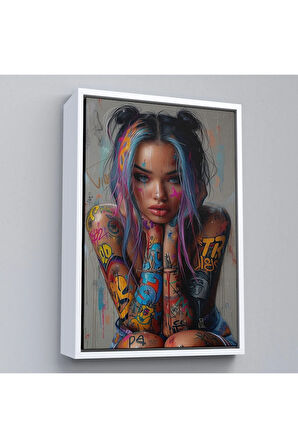 Ahşap Çerçeveli Sürreal Dövmeli Hippi Kadın Tablo-7733