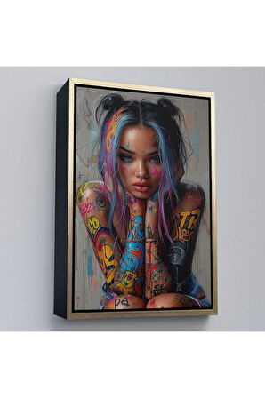 Ahşap Çerçeveli Sürreal Dövmeli Hippi Kadın Tablo-7733