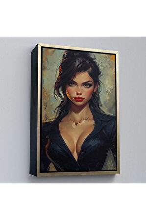 Ahşap Çerçeveli Yağlıboya Görünümlü Esmer Güzel Kadın Tablosu-7741