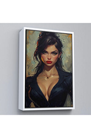 Ahşap Çerçeveli Yağlıboya Görünümlü Esmer Güzel Kadın Tablosu-7741