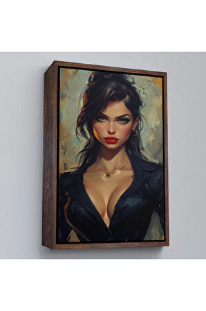 Ahşap Çerçeveli Yağlıboya Görünümlü Esmer Güzel Kadın Tablosu-7741
