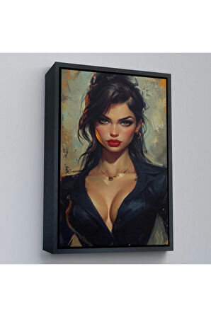 Ahşap Çerçeveli Yağlıboya Görünümlü Esmer Güzel Kadın Tablosu-7741