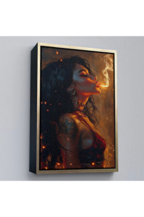 Ahşap Çerçeveli Dumanı Üfleyen Güzel Kadın Tablosu-7753