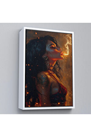 Ahşap Çerçeveli Dumanı Üfleyen Güzel Kadın Tablosu-7753