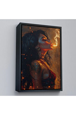Ahşap Çerçeveli Dumanı Üfleyen Güzel Kadın Tablosu-7753