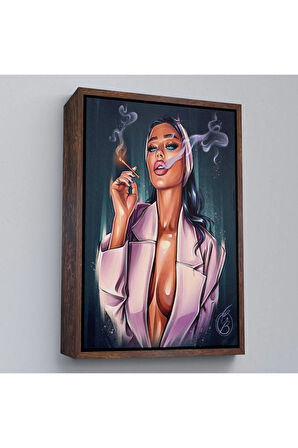 Ahşap Çerçeveli Sigara İçen Soyut Kadın Tablosu-7756