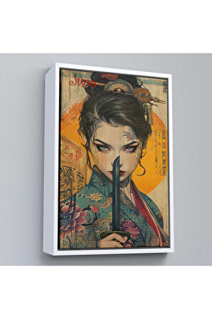 Ahşap Çerçeveli Şavaşçı Japon Kadın Tablosu-7767
