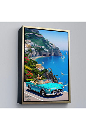 Ahşap Çerçeveli Sahildeki Mavi Klasik Araba Tablosu-7776
