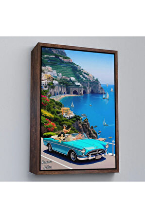 Ahşap Çerçeveli Sahildeki Mavi Klasik Araba Tablosu-7776
