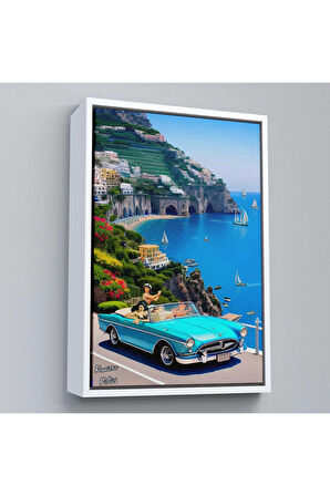 Ahşap Çerçeveli Sahildeki Mavi Klasik Araba Tablosu-7776
