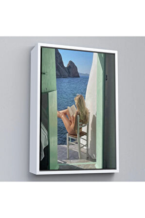 Ahşap Çerçeveli Sahildeki Evınde Kitap Okuyan Kadın Tablosu-7777