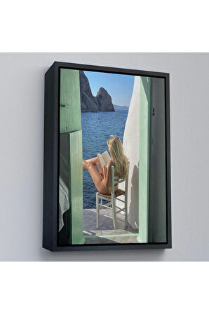 Ahşap Çerçeveli Sahildeki Evınde Kitap Okuyan Kadın Tablosu-7777