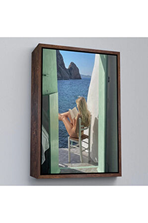 Ahşap Çerçeveli Sahildeki Evınde Kitap Okuyan Kadın Tablosu-7777