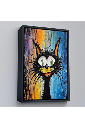 Ahşap Çerçeveli Yaplıboya Görünümlü Sevimli Kedi Tablosu-7778