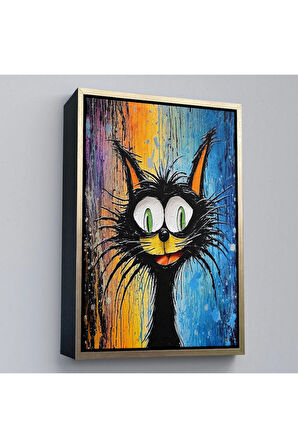 Ahşap Çerçeveli Yaplıboya Görünümlü Sevimli Kedi Tablosu-7778