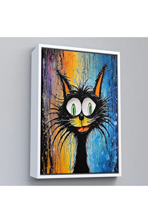 Ahşap Çerçeveli Yaplıboya Görünümlü Sevimli Kedi Tablosu-7778