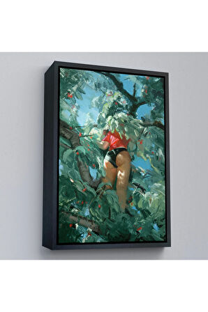 Ahşap Çerçeveli Ağaçtan Meyve Toplayan Kadın Tablo-7784