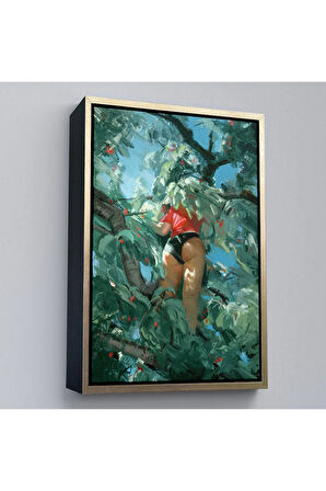 Ahşap Çerçeveli Ağaçtan Meyve Toplayan Kadın Tablo-7784