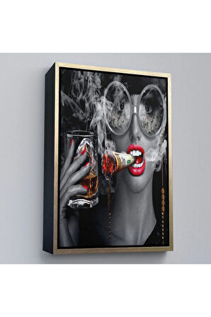 Ahşap Çerçeveli Dolar İle Gözlüklü Sigara İçen Kadın Tablosu-7797
