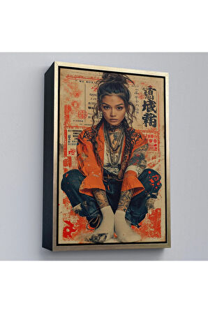 Ahşap Çerçeveli Sevimli Japon Kız Tablosu-7799