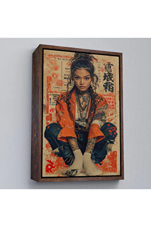 Ahşap Çerçeveli Sevimli Japon Kız Tablosu-7799