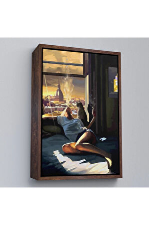 Ahşap Çerçeveli Cam KeTTÇ.KNVında Sıgara İçen Kadın Tablosu-7800