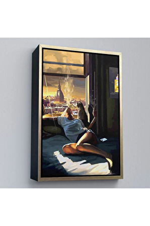 Ahşap Çerçeveli Cam KeTTÇ.KNVında Sıgara İçen Kadın Tablosu-7800