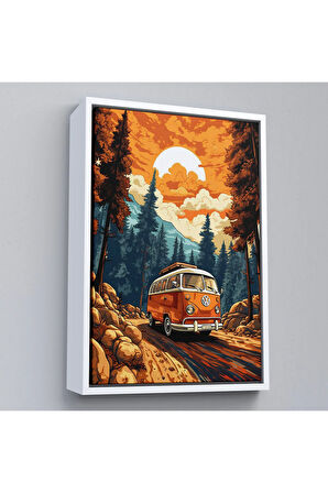 Ahşap Çerçeveli Retro Volkswagen Minibüs Ve Manzara Tablosu-7811