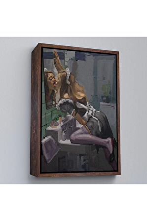 Ahşap Çerçeveli Aynayı Yalayan Kadın Tablosu-7814