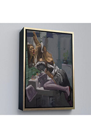 Ahşap Çerçeveli Aynayı Yalayan Kadın Tablosu-7814