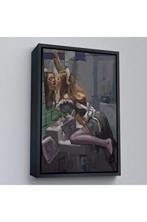 Ahşap Çerçeveli Aynayı Yalayan Kadın Tablosu-7814