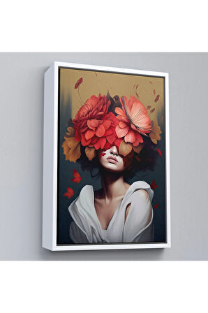 Ahşap Çerçeveli Çiçek Başlı Soyut Kadın Tablosu-7829