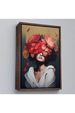 Ahşap Çerçeveli Çiçek Başlı Soyut Kadın Tablosu-7829